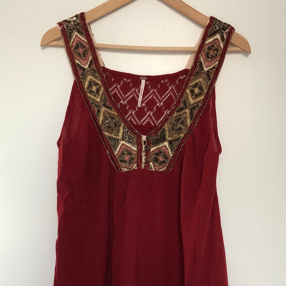 Free People Red/Gold Crochet Beaded V-Neck (Small)